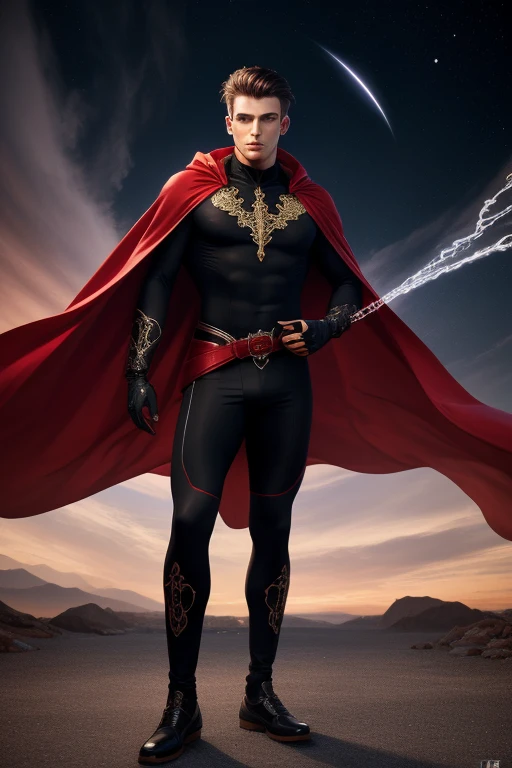 Full full body photorealistic ultra realism high definition aesthetic stabilized diffusion picture of handsome hunky fractal clean shaven Zayne as celestial CB, wearing Very black and red swirls filigree sparkling biomorphic transparent overall tight fit spandex and gloves.. red cape, standing in with hand on the hips.