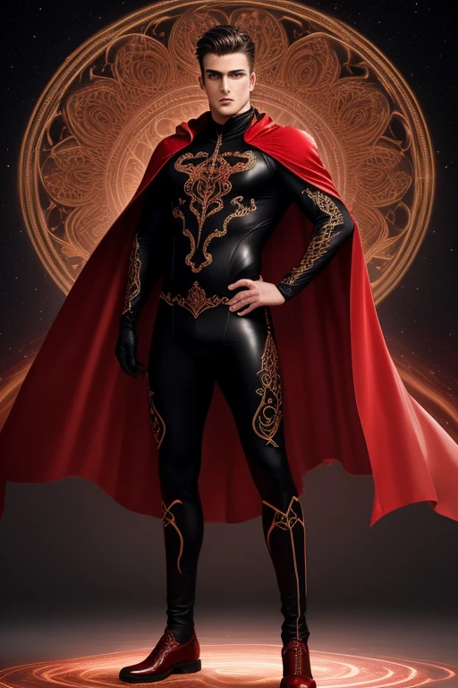 Full full body photorealistic ultra realism high definition aesthetic stabilized diffusion picture of handsome hunky fractal clean shaven Zayne as celestial CB, wearing Very black and red swirls filigree sparkling biomorphic transparent overall tight fit spandex and gloves.. red cape, standing in with hand on the hips.