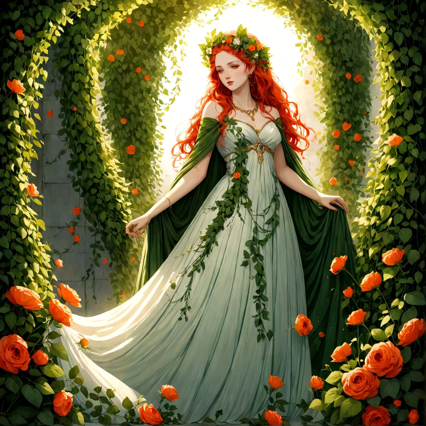 the goddess persephone in a dress made out of greenery and flowers