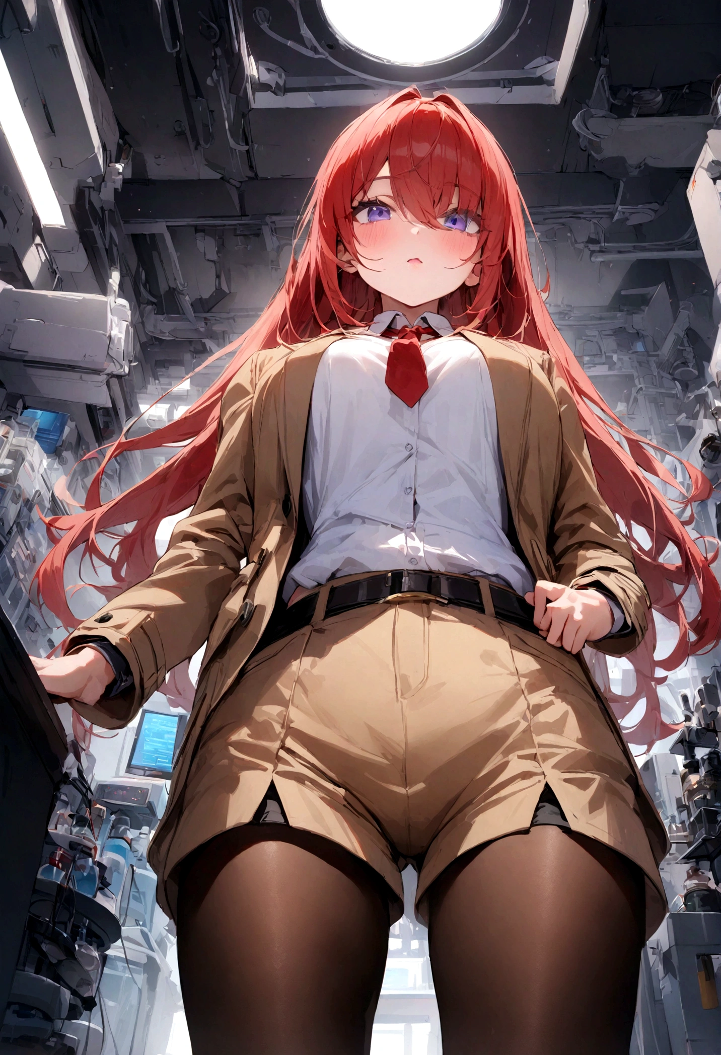 technology laboratory, time machine, from below, ((masterpiece), (best quality), ultra high res, 1girl, long hair, (red hair:1.5), long hair, eyes visible through hair, bangs, hair between eyes, blue eyes, purple eyes, shorts, pantyhose, jacket, shirt, red necktie, necktie, belt, white shirt, legwear under shorts, brown jacket, short shorts, long sleeves, black pantyhose, room, lab, portrait, looking at the viewer,
