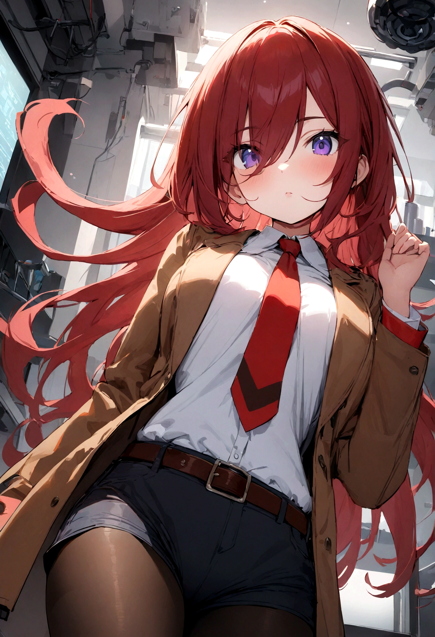 technology laboratory, time machine, from below, ((masterpiece), (best quality), ultra high res, 1girl, long hair, (red hair:1.5), long hair, eyes visible through hair, bangs, hair between eyes, blue eyes, purple eyes, shorts, pantyhose, jacket, shirt, red necktie, necktie, belt, white shirt, legwear under shorts, brown jacket, short shorts, long sleeves, black pantyhose, room, lab, portrait, looking at the viewer,
