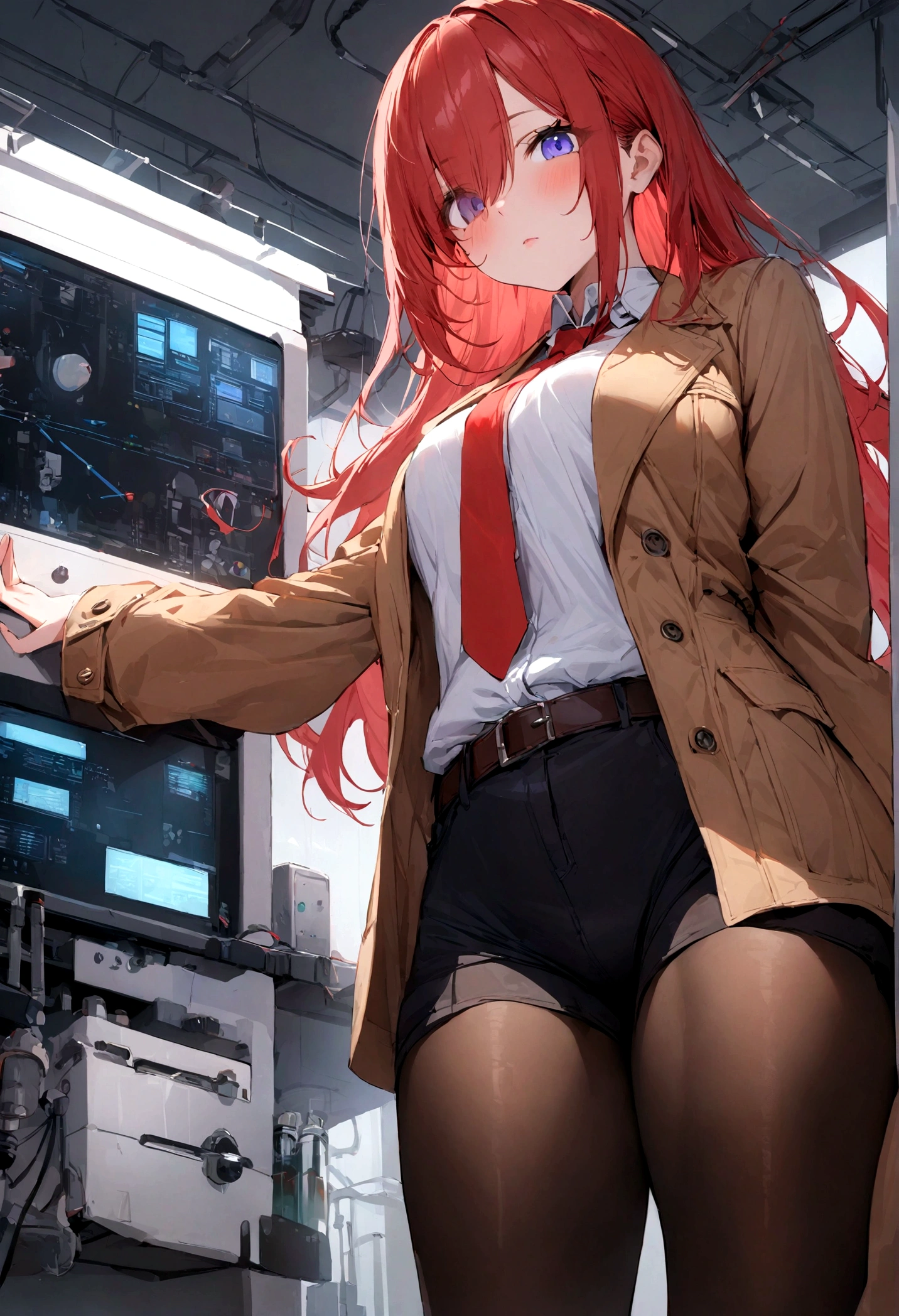 technology laboratory, time machine, from below, ((masterpiece), (best quality), ultra high res, 1girl, long hair, (red hair:1.5), long hair, eyes visible through hair, bangs, hair between eyes, blue eyes, purple eyes, shorts, pantyhose, jacket, shirt, red necktie, necktie, belt, white shirt, legwear under shorts, brown jacket, short shorts, long sleeves, black pantyhose, room, lab, portrait, looking at the viewer,