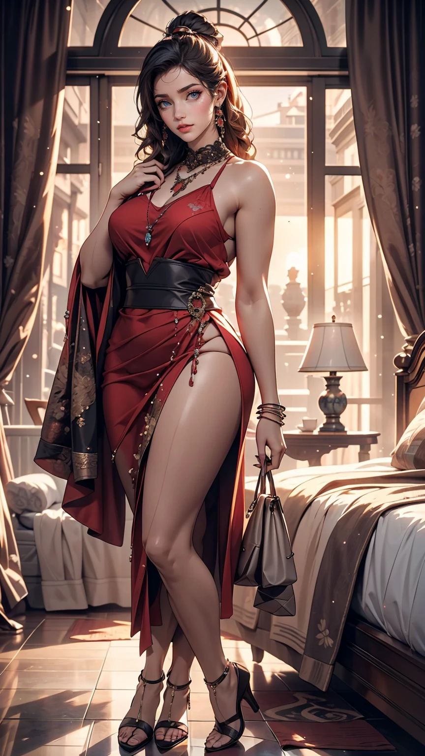 masterpiece, highest quality, 8k, High resolution, (Head to Toe:1.4), RAW digital fixed-point shot of young London woman standing proudly, slim, Sexy body and face, Smiling mockingly at the viewer, Expensive modern clothes, hair ornaments, Discreet Jewelry, Hotel Suite, Intricate details, At dusk, Indoor lighting and sunset from outside the frame, Realistic lighting, Dynamic colors through lighting, Surreal