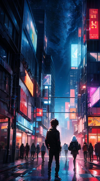 A meticulously crafted, highly realistic, and vibrant sci-fi-inspired album cover for an EmoCore band, deeply inspired by the style of Makoto Shinkai, showcases striking modern colors combined with cinematic lighting and a dramatic, emotional atmosphere. Featuring a detailed and intricate design, the cover art captures the band in a captivating pose, encased within a futuristic cityscape. The dramatic composition merges the band's emotional energy with the captivating allure of the urban landscape, creating a profound blend of catharsis and visual spectacle. The artwork evokes the essence of both the band's soulful melodies and Makoto