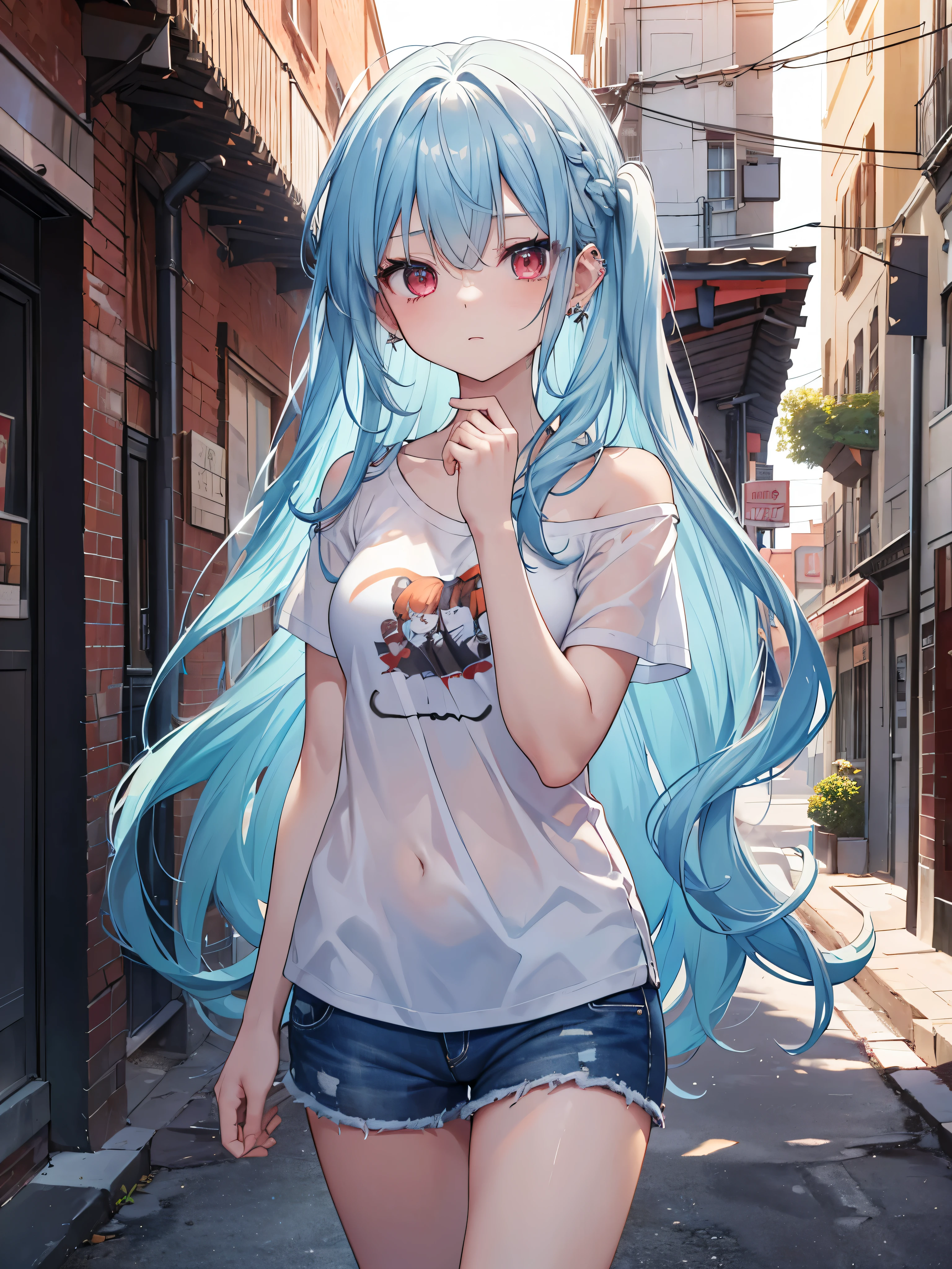 (8k、Best image quality、highest quality、masterpiece)、Detailed face、 One girl、Blue Hair、Long Hair、ponytail、Black Baseball Cap、Red eyes、smile、Moderate breasts、((White T-shirt))、Off the shoulder、Black shoulder straps、((denim short shorts))、Cowboy Shot、Shoot from below、City Background