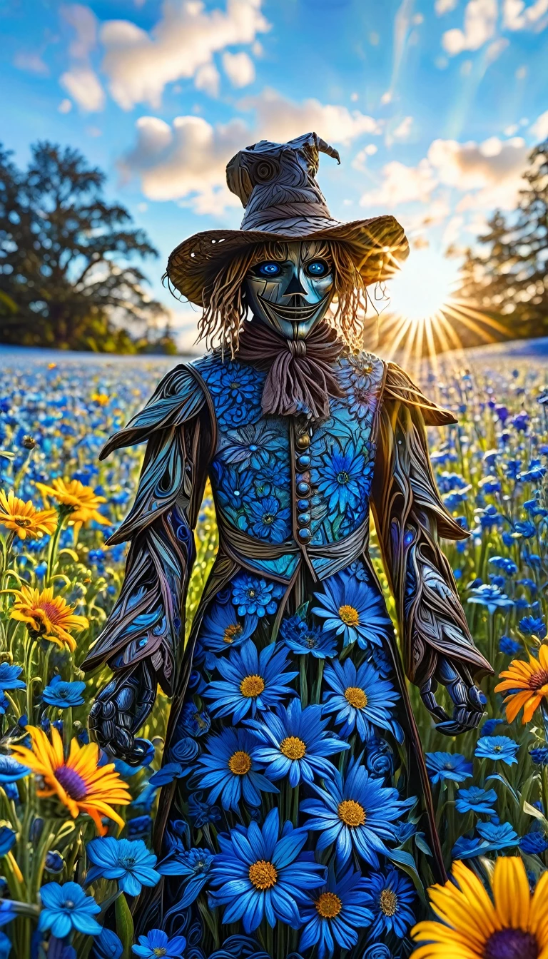 intricate a scarecrow standing in blue flower field under the sun, look at viewer, charcoal, hyper detailed quilling, pyschedelic, vibrant, seb mckinnon