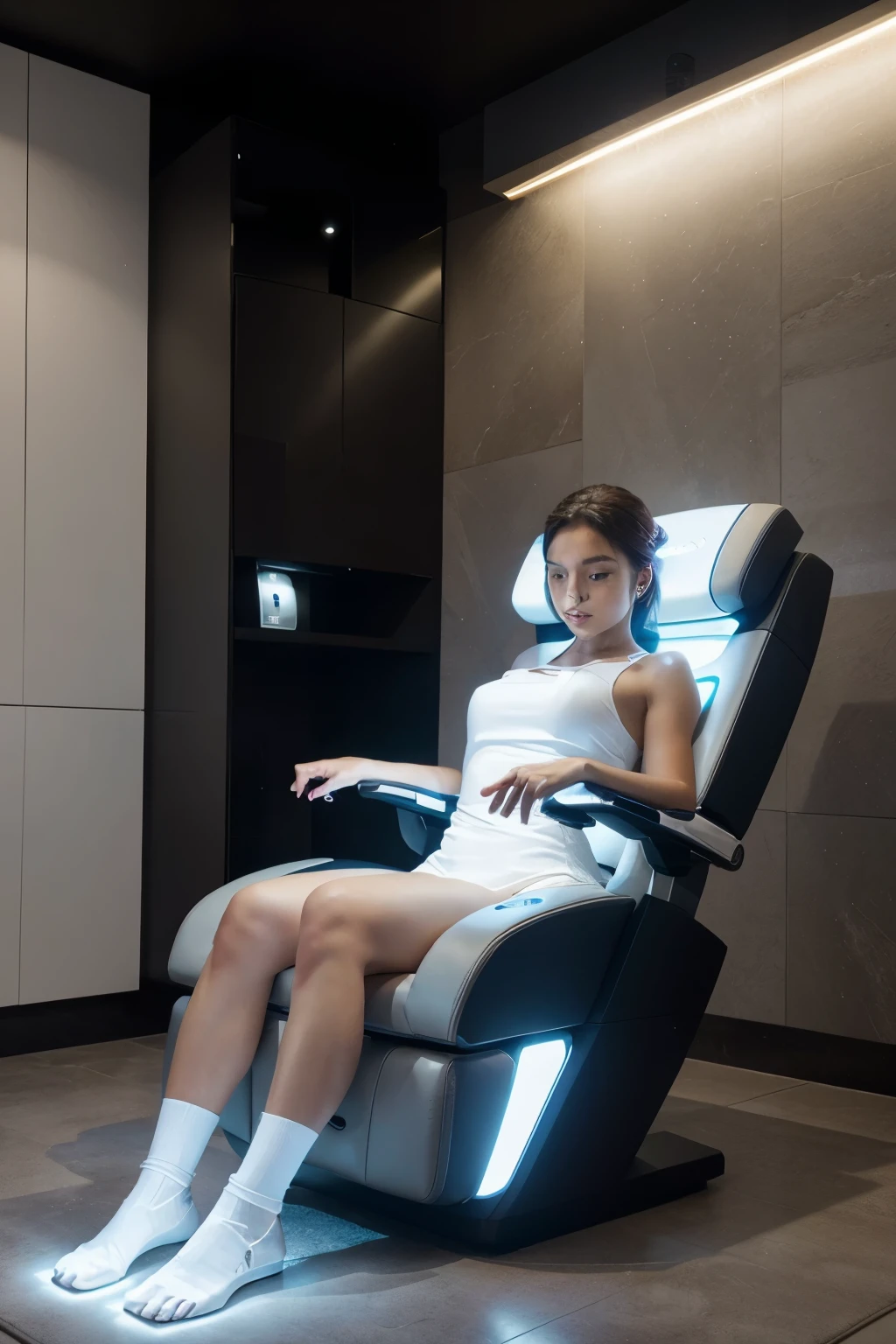 Technological futuristic chair, with automatic posture adjustment, sistema de massagem, forma moderna e elegante, com leds, alto falante bluetooth, sensores integrados,