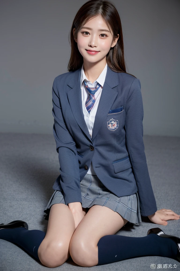 (8k), (highest quality: 1.2), (Realistic), (Realistic: 1.37), Ultra-high resolution, (1 girl), cute, blush,Embarrassed smile, Beautiful details, Beautiful Nose, straight Hair, Giant Dulcefo, pork, Thighs,Self Snap,University Uniforms,(A simple dark blue blazer:1.4),(Pleated skirt:1.2),(The skirt and tie are gray tartan check pattern.:1.3),(Sitting:1), Sit on the ground,(Hold my feet:1),(Shiny legs:1.2),from the front,knees