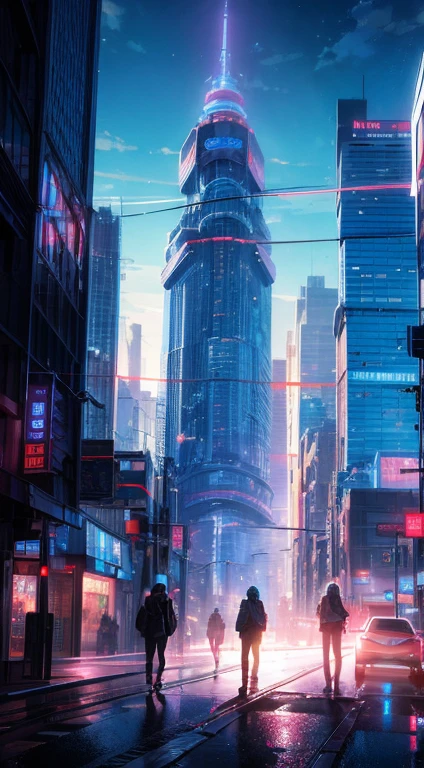 A meticulously crafted, highly realistic, and vibrant sci-fi-inspired album cover for an EmoCore band, deeply inspired by the style of Makoto Shinkai, showcases striking modern colors combined with cinematic lighting and a dramatic, emotional atmosphere. The cover art captures the band in a captivating pose, suspended within a futuristic cityscape that stretches towards an ethereal sky. The dramatic composition merges the band's emotional energy with the captivating allure of the urban landscape, creating a profound blend of catharsis and visual spectacle. The artwork evokes the essence of both the band's soulful melodies and Makoto Shink
