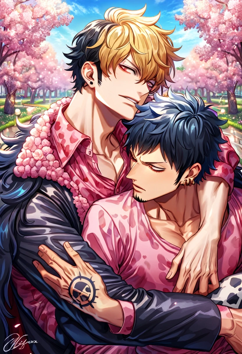 absurdres, highres, ultra detailed, HDR, master piece, best quality, Donquixote Rosinante Corazon, expressive red eyes, blonde hair, One Piece, Trafalgar Law, black hair, expressive red eyes, two sexy men together, gay couple, yaoi, handsome, black fur cape, pink shirt with heart patterns, black coat, magical, fantasy, blue sky, blossoms, pink flowers, park