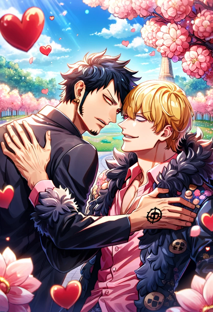 absurdres, highres, ultra detailed, HDR, master piece, best quality, Donquixote Rosinante Corazon, expressive red eyes, blonde hair, One Piece, Trafalgar Law, black hair, expressive red eyes, two sexy men together, gay couple, yaoi, handsome, black fur cape, pink shirt with heart patterns, black coat, magical, fantasy, blue sky, blossoms, pink flowers, park