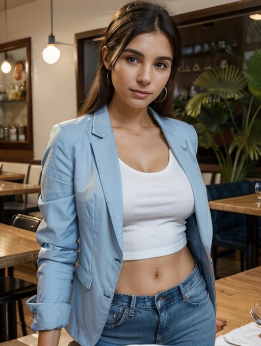 (Very High Resolution), 30-year-old woman wearing light blue jeans and a white shirt that covers her entire stomach and a black blazer on top , paisagem restaurante.(Realista 1080P)