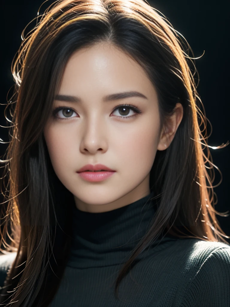(masterpiece, best quality:1.2), (8k uhd, 16k, 32k, ultra high res), (photorealistic:1.37), (RAW photo), ultimate-realistic, ultimate-realistic details, ultimate-realistic texture, ultimate-intricate details, ultimate-realistic lighting, ultimate-realistic shadow, japanese girl, 24yo, ultimate-cute face, ultimate-RAW skin, ultimate-eyes, from Illustration by Luis Royo come to realistic photograph. Black background. A beautiful woman with long brown hair. She wears a black turtleneck, and a pair of olive green skinny jeans. Her hair is soaking wet.