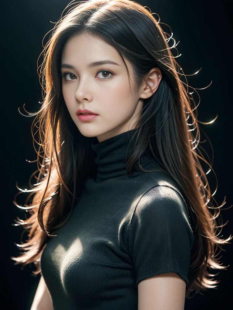 (masterpiece, best quality:1.2), (8k uhd, 16k, 32k, ultra high res), (photorealistic:1.37), (RAW photo), ultimate-realistic, ultimate-realistic details, ultimate-realistic texture, ultimate-intricate details, ultimate-realistic lighting, ultimate-realistic shadow, japanese girl, 24yo, ultimate-cute face, ultimate-RAW skin, ultimate-eyes, from Illustration by Luis Royo come to realistic photograph. Black background. A beautiful woman with long brown hair. She wears a black turtleneck, and a pair of olive green skinny jeans. Her hair is soaking wet.