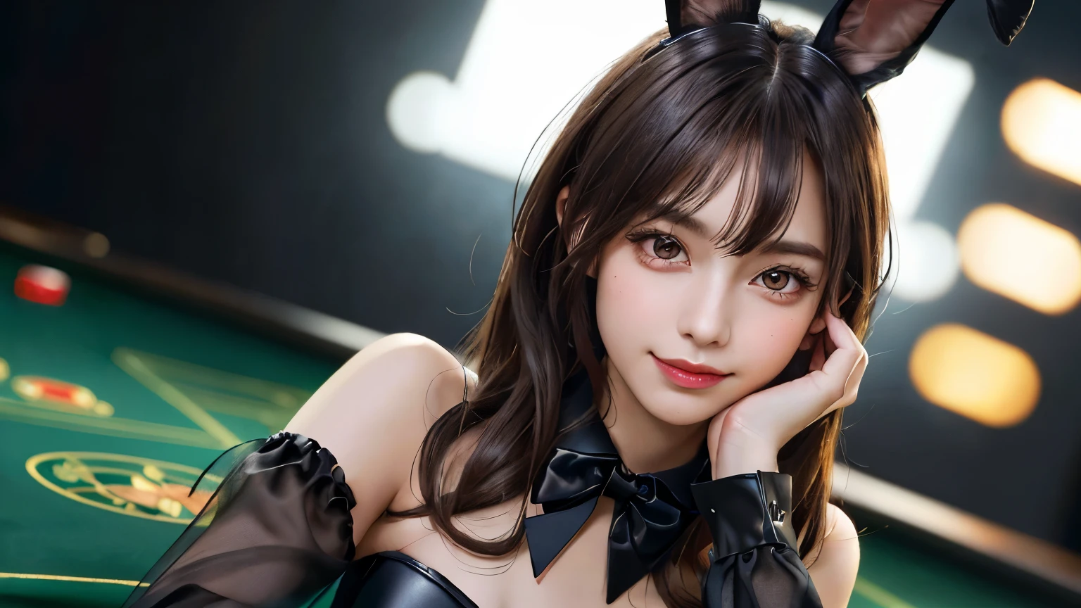 (highest quality, 8k, 32k, masterpiece, Ultra-high resolution):1.2, Blurred Background, Great photo with beautiful saturation, Ultra-high resolution,(Realistic:1.4)),Deep Shadow,(highest quality), ultra Realistic,32k,Highly detailed CG Unity, Expressive eyes, Perfect Face, Perfect Anatomy, Perfect body, scene, One girl, Open your mouth, Brown eyes, Long Hair, Close-up portrait , (casino), Cowboy Shot, Exposing shoulders, (Black pantyhose), bow tie, Bunny ears, (Wrist cuff, Detachable collar), fake animal ears, Playboy Bunny, red bow tie, (Leather leotard), Strapless Leotard, Elbow hand pockets,(I can see your chest),An inviting smile
