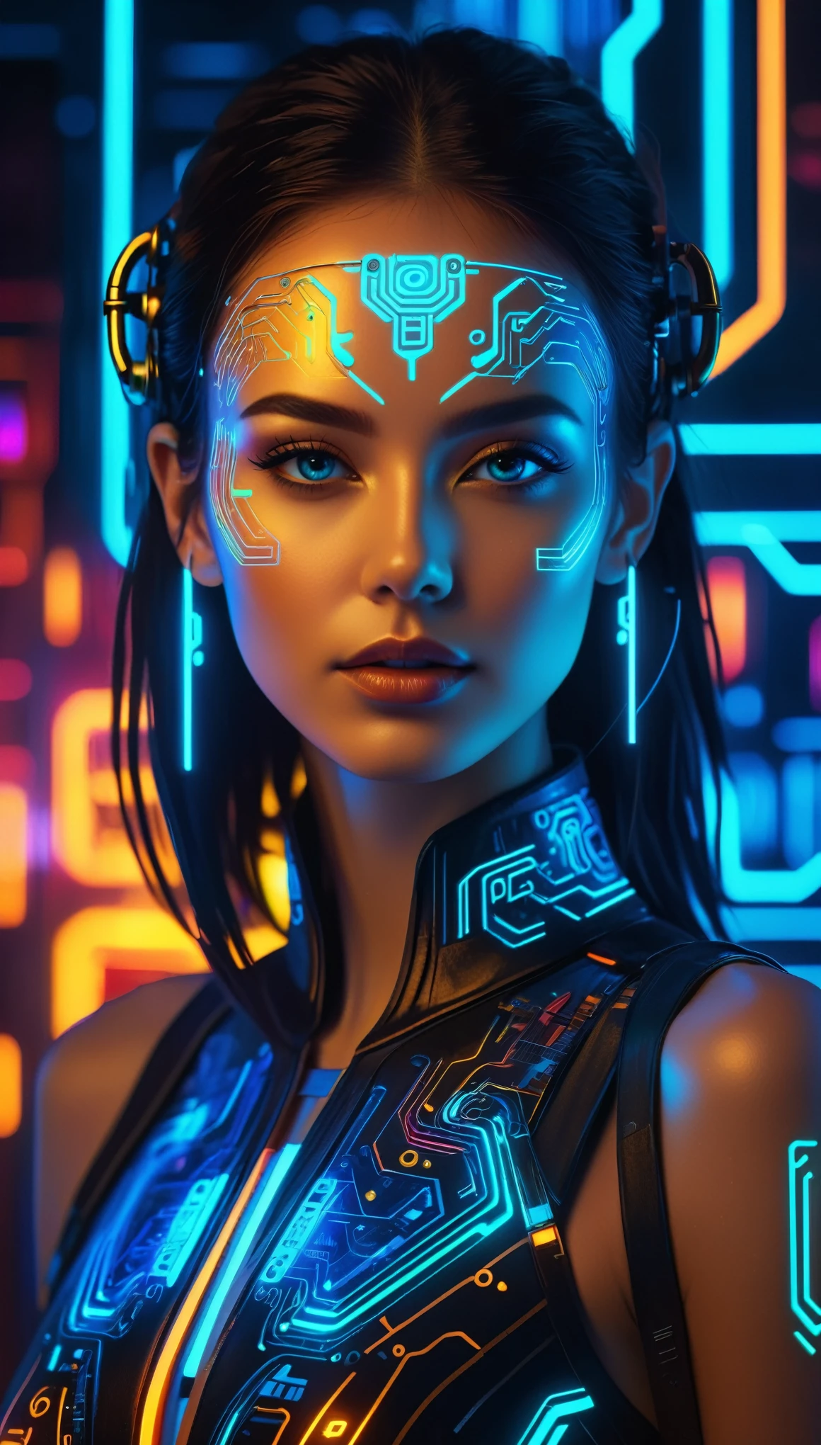 a beautiful woman with glowing circuits and symbols overlaying her face, detailed intricate circuitry, vibrant neon colors, futuristic cyberpunk style, cinematic lighting, digital art, 8k, hyperrealistic, masterpiece