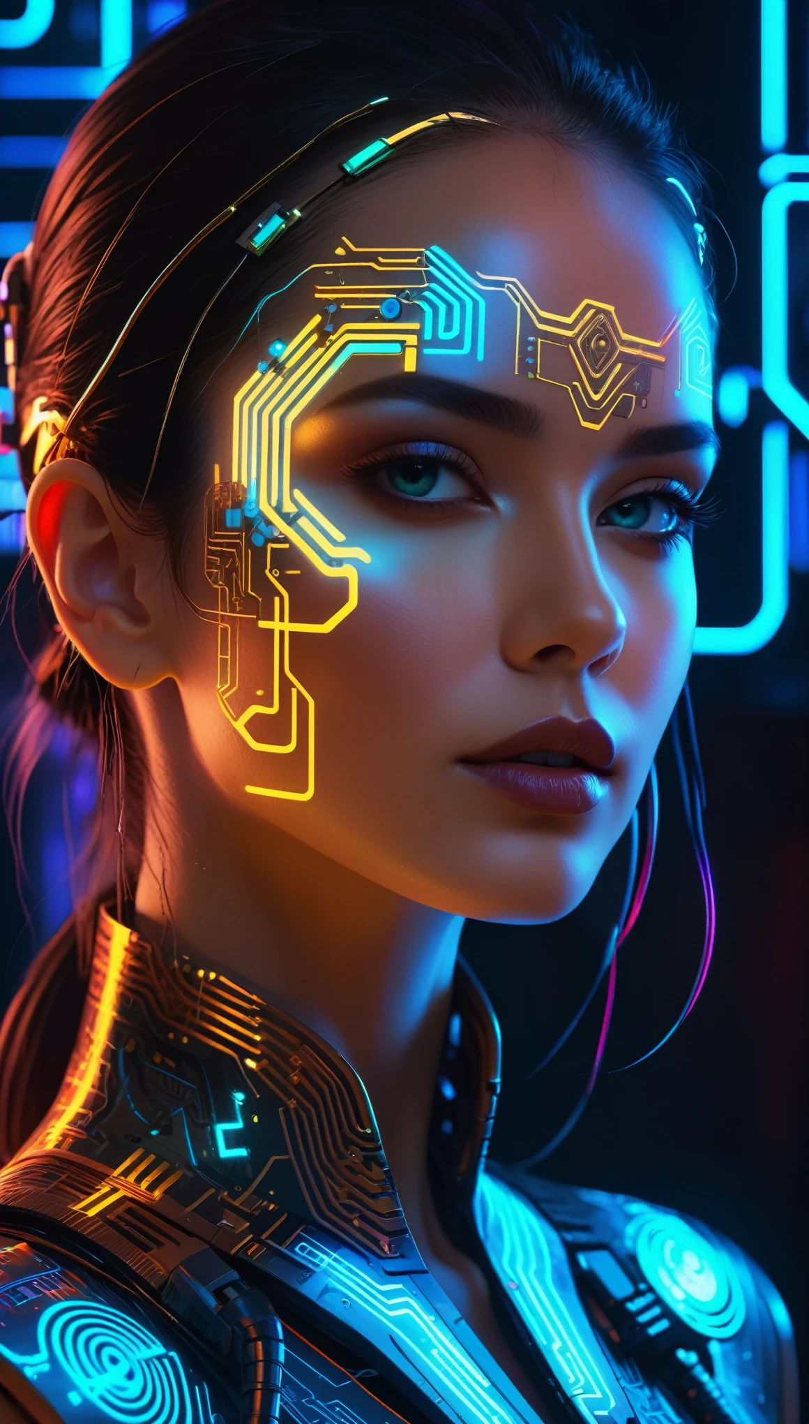 a beautiful woman with glowing circuits and symbols overlaying her face, detailed intricate circuitry, vibrant neon colors, futuristic cyberpunk style, cinematic lighting, digital art, 8k, hyperrealistic, masterpiece