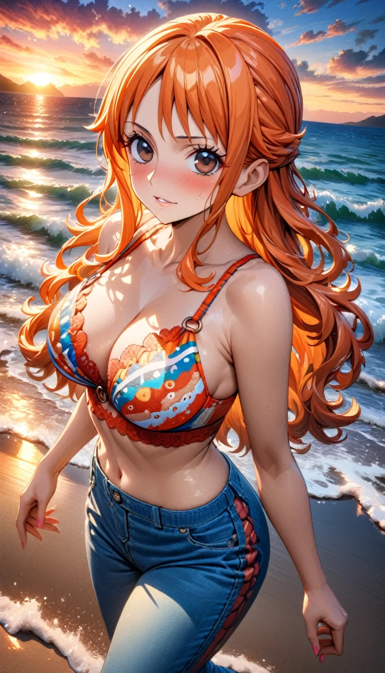 Ultra detailed, highres, absurdres, HDR, master piece Nami, orange long hair, expressive brown eyes, sunset, beach, woman, One Piece, solo, extremely beautiful, very detailed face and eyes, blue pants, water, summer, best quality, orange bra with patterns,