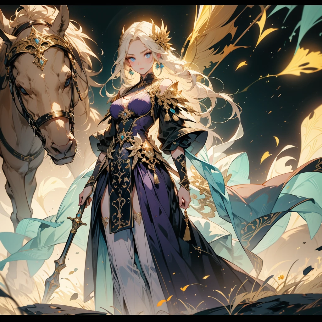 A stunning artwork of a majestic female character standing in an enchanting, mystical landscape. The full-body view showcases her in stylish and unique clothes of gold and purple, exuding an aura of elegance and power. Her long, flowing golden hair frames a face of regal beauty, highlighted by light blue eyes that radiate wisdom and an otherworldly charm. She holds a magic staff, intricately designed and glowing with mystical energy, adding to her majestic presence.