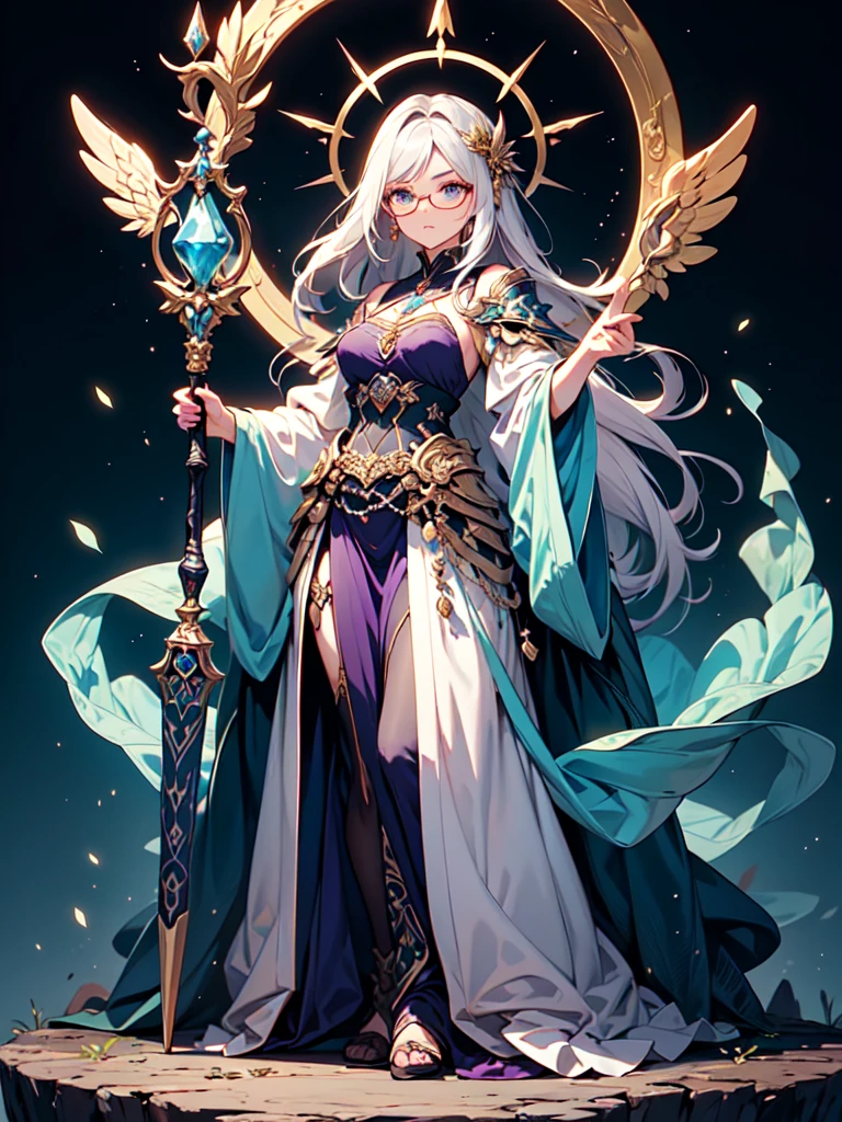 A stunning artwork of a majestic female character standing in an enchanting, mystical landscape. The full-body view showcases her in stylish and unique clothes of gold and purple, exuding an aura of elegance and power. Her long, flowing golden hair frames a face of regal beauty, highlighted by light blue eyes that radiate wisdom and an otherworldly charm. She holds a magic staff, intricately designed and glowing with mystical energy, adding to her majestic presence.
