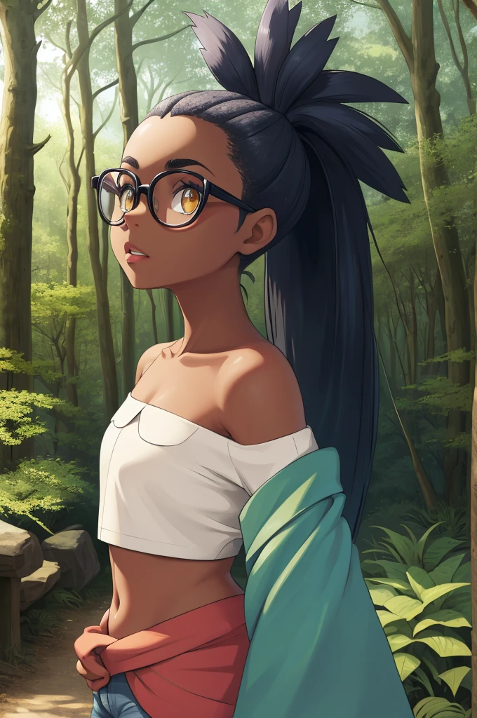 (masterpiece, best quality), 1girl, small breasts, small hips, crop top, denim shorts, pervert, , glasses, (masterpiece, best quality:1.1), 1girl, solo, lemon eyes, arms behind head, adjusting clothes, looking back, outdoors, sculpture trail, abstract art, woods, stream, sunlight, abstract sculptures, natural settings, sun-dappled woods, nature walks, forest trails, meditative spaces, bored, distracted, off-shoulder top, long hair, waterfall braid, defined lips, full eyebrows, defined jawline, upper body, perfect eyes