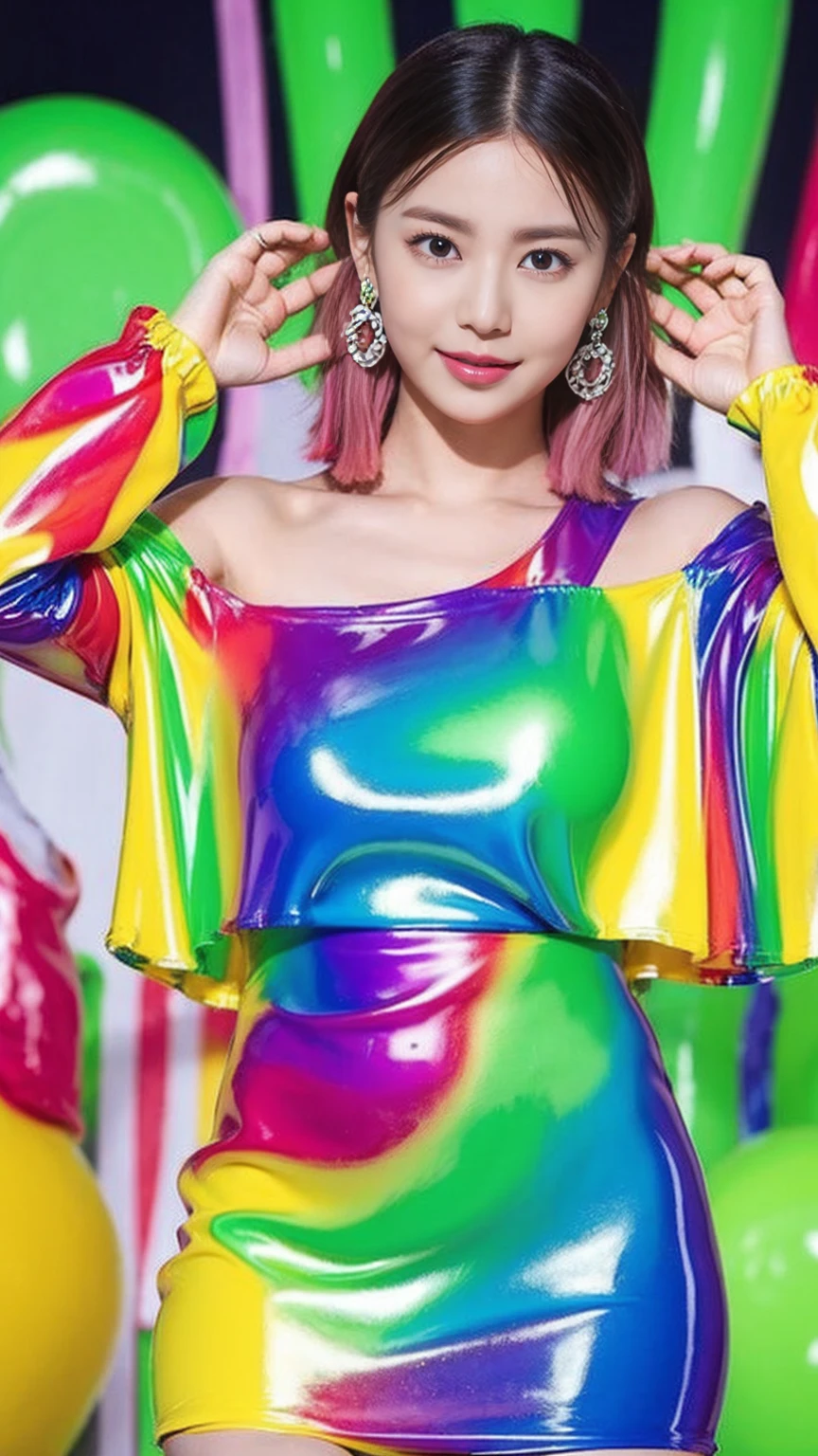 Gorgeous Idol、whole body、Good style、、、、、Tight mini dress covered in colorful slime(Off the shoulder)、Colorful hair covered in slime