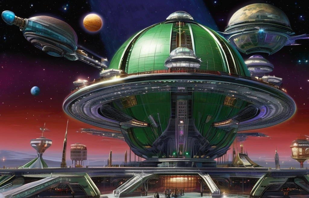 Steampunk castle 750,750,750,750,000 sq ft hybrid planet, canvas splattered with metallic green, luminescent cherry red accents, melds into a Saturn-size-Earth hybrid, Larry Niven, Arthur C Clarke.The space station is massively bigger than Babylon 5, but in the shape of Deep Space 9. The space station has 6 O'Neal Class space stations off in 5 different equilateral directions, & 1 down the middle. It has
its own ecosystem, generates it's own power, & is located in a binary star system. There are hundreds of starships going to & fro, from the station, at any hour of the day. The station is in the center of the foreground. There are many stars, a nebula, and a comet, in the background. (((Use the following styles:conceptual art, protovision,3d render, architecture, portrait photography, cinematic, diamond crystal, alien, Leonardo Da Vinci, Arthur C. Clarke, &Larry Niven))). (((1 million HD Resolution, isometric art, insane symmetrical details))).
