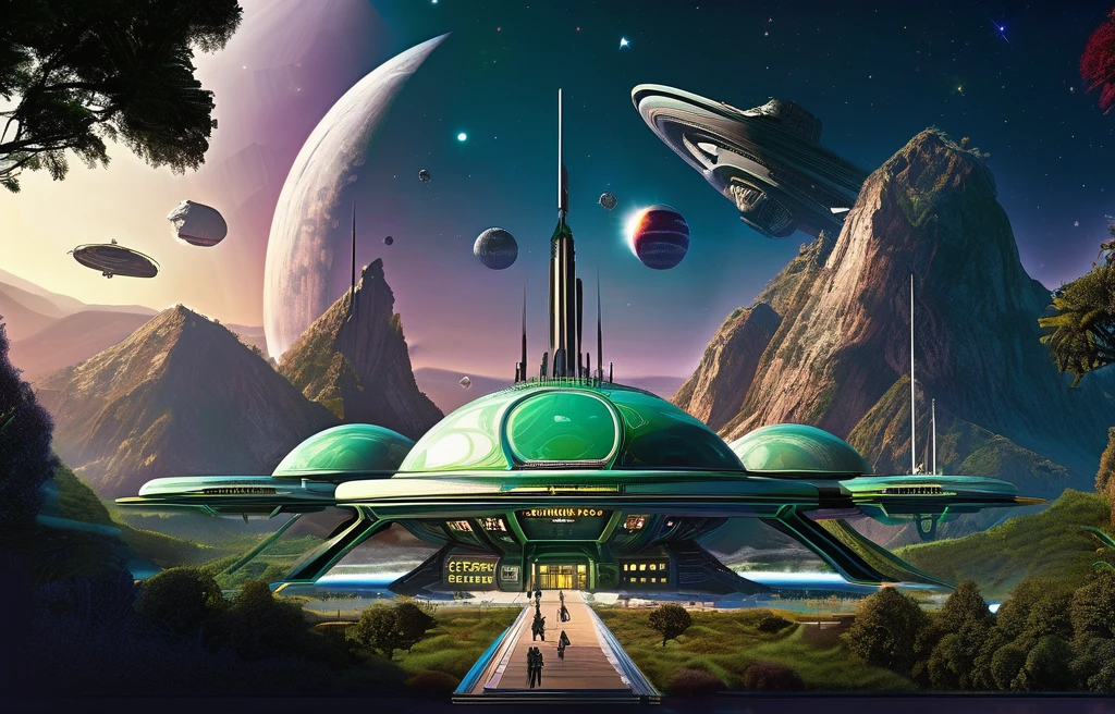 Steampunk castle 750,750,750,750,000 sq ft hybrid planet, canvas splattered with metallic green, luminescent cherry red accents, melds into a Saturn-size-Earth hybrid, Larry Niven, Arthur C Clarke.The space station is massively bigger than Babylon 5, but in the shape of Deep Space 9. The space station has 6 O'Neal Class space stations off in 5 different equilateral directions, & 1 down the middle. It has
its own ecosystem, generates it's own power, & is located in a binary star system. There are hundreds of starships going to & fro, from the station, at any hour of the day. The station is in the center of the foreground. There are many stars, a nebula, and a comet, in the background. (((Use the following styles:conceptual art, protovision,3d render, architecture, portrait photography, cinematic, diamond crystal, alien, Leonardo Da Vinci, Arthur C. Clarke, &Larry Niven))). (((1 million HD Resolution, isometric art, insane symmetrical details))).