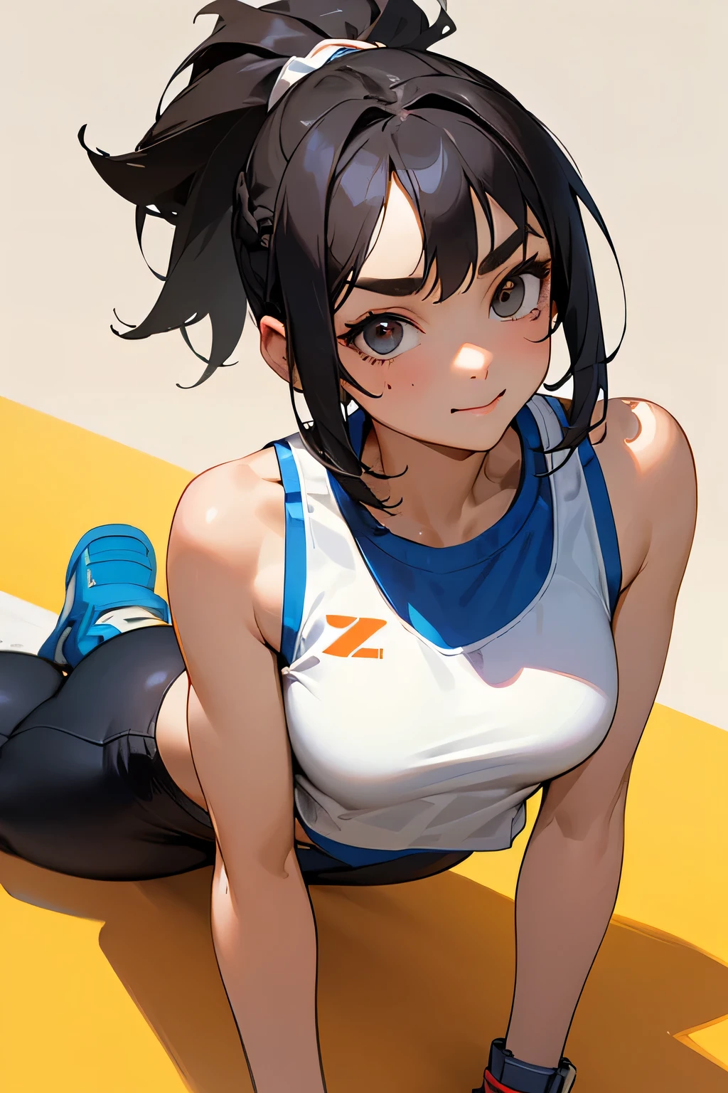 1girl,alone,momo yaoyorozu,masterpiece,best quality,high resolution,ultra detailed,detailed eyes,cowboy shot,dynamic posture,sharp focus,soft and smooth skin,seductive,smiling,closed mouth,looking at viewer,black hair , ponytail, hair tied back, black eyes, big breasts, medium waist, wide hips, wide thighs, round butt, long sleeves, sweat,(smoking body),((blue sports bra:1.3)) ,(( tight bra)),off shoulder, ((exposed navel:1.3)), single, ((white sneakers)), ((blue yoga pants:1.4)), ((cleavage1.4)),((tight pants) ),red heels,smile,standing,straight,arms up,(arms behind head),sweat,steaming body,outdoor,Japanese park,cherry trees,looking back,from behind,((focus on the butt))pov (from below), perfect anatomy, perfect hands