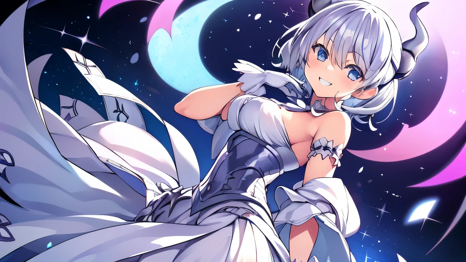 (Loli:1.2), 1 Girl, Silver Short Hair, Silvery horns,  White Dress, White Cape, bulging sleeves, White Gloves, White Stockings, Silver Corset, White long skirt, 

smile、Grin、
Black Background、Simple Background、

(From the back)、Cowboy Shot、
Depth of written boundary、
((highest quality, High resolution, Perfect Pixel, 4k)), (1 girl), (Beautiful Anime Girls), Watching the audience, Perfect body, Detailed eyes、