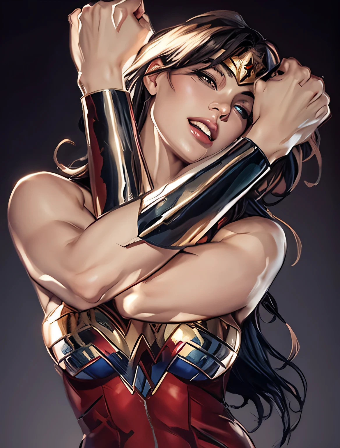 The character Wonder Woman , perfect costume, perfect curves, beautiful face, seductive mouth, beautiful and stunning face 