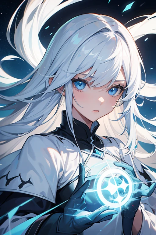 An 18-year-old girl with long white hair and light blue eyes with the power to change shape.,  es de un pueblo medieval de personas de clase alta. 