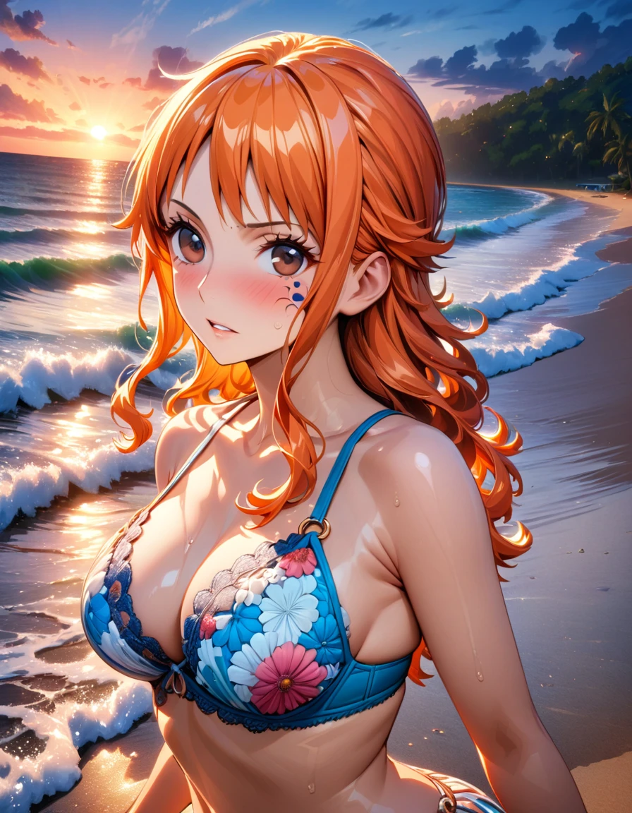 Ultra detailed, highres, absurdres, HDR, master piece Nami, orange long hair, expressive brown eyes, sunset, beach, woman, One Piece, solo, extremely beautiful, very detailed face and eyes, water, summer, best quality, blue bra with patterns,