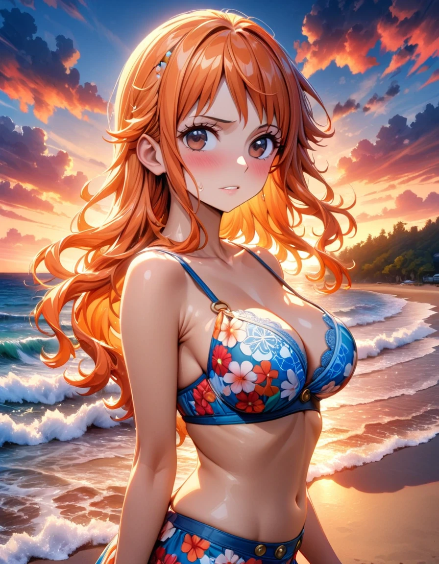 Ultra detailed, highres, absurdres, HDR, master piece Nami, orange long hair, expressive brown eyes, sunset, beach, woman, One Piece, solo, extremely beautiful, very detailed face and eyes, water, summer, best quality, blue bra with patterns,
