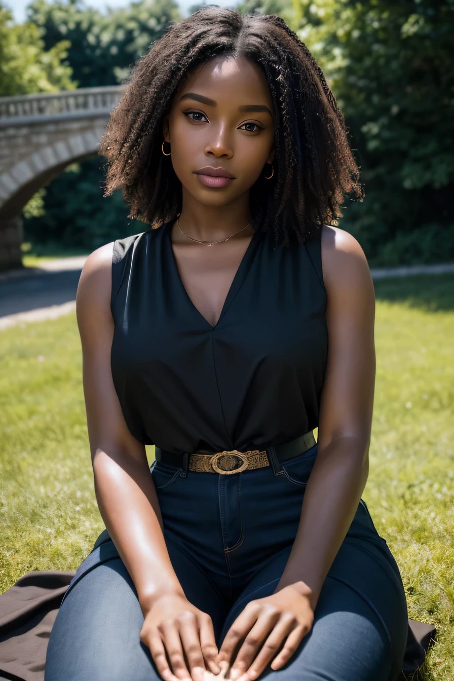 A portrait of a non-stereotypical ebony woman, wearing a sleeveless blouse with neckline,  sitting on the grass under the stone bridge, tenant une marguerite avec sa main, Des yeux parfaits, Des mains parfaites, Hanches courbes, ultra detailed skin BREAK best quality, ombres profondes,  8k, DSLR, Kodak Ektar 100, Fujifilm XT3, F4, 1/800s, Norme ISO 100, .RAW