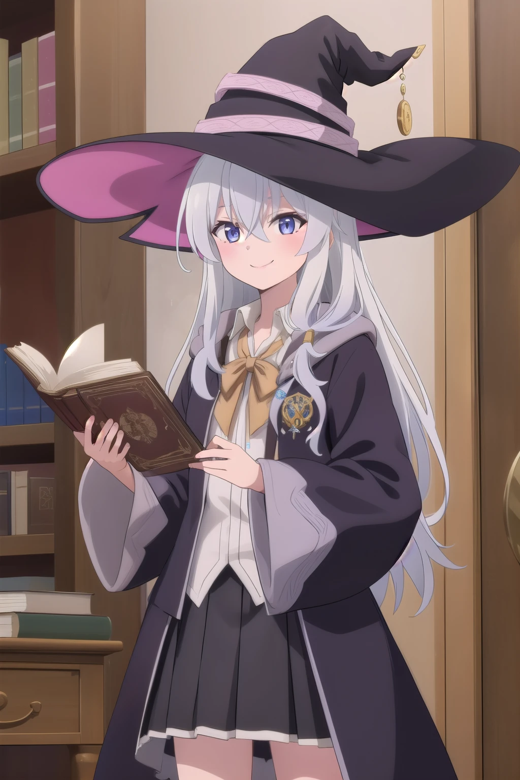 Masterpiece, hd
elaina, witch, wizard, elaina \(majo no tabitabi\), cosplay, 1girl, solo, 
open robe, collared shirt, long sleeves, wide sleeves, pleated skirt, witch hat, bowtie, frilled skirt, 
jewelry, badge, smile
long hair, bangs, hair between eyes, grey hair, hair ribbon, hair bow, 
looking at viewer, cowboy shot, standing, 
Indoor, holding big book, spell book, brown book, holding book with 2 hands 