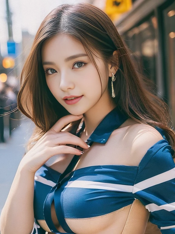 ((highest quality、8k、masterpiece：1.3))、Sharp focus：1.2、Beautiful woman with perfect style：1.4、Thin abdominal muscles：1.2、((Dark brown hair、Big Breasts：1.2))、(Natural soft light、City Street:1.1)、Highly detailed face and skin texture、Detailed eyes、double eyelid、Sexy secretary in tight light smile、Open shirt、Sexy Costumes