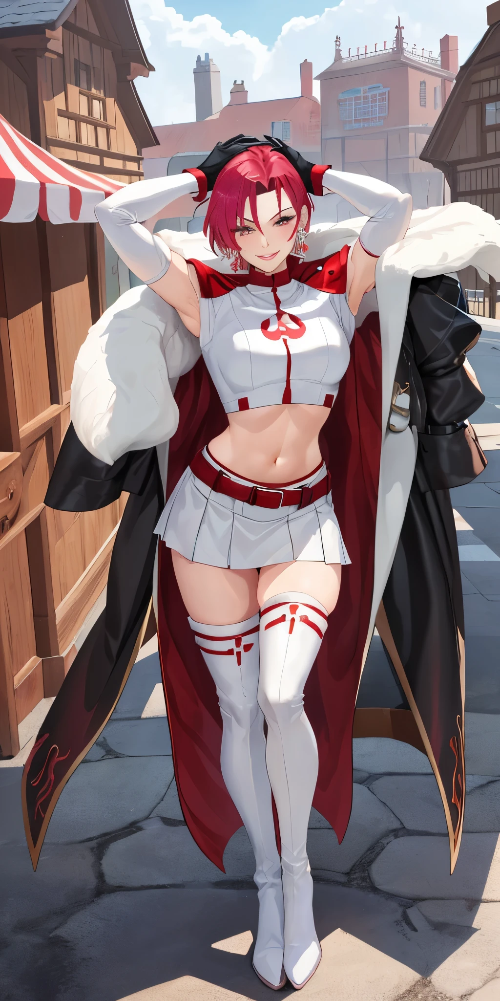 (((1 girl))) short hair, earings ,glossy lips ,team rocket uniform, red letter R, white skirt, white crop top, black thigh-high boots, black elbow gloves, evil smile, looking at viewer, cowboy shot, arms crossed, full body photo Mercedes von Martritz (Fire Emblem: Three Houses)