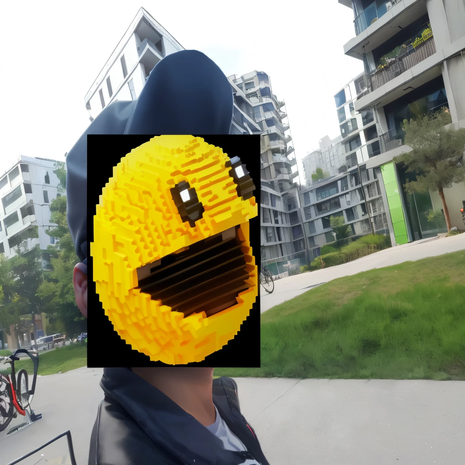 someone is weaR.ing a lego face with a building in the backgR.ound, pixels hein, pixelated, detailed unbluR.R.ed face, Pac-Man, minecR.aft in R.eal life, Voxels, pixels, memes, pixélisé, zoomer sur le visage, /R./pixelaR.t, R.eddit meme, emoticone, visage cool, smiley pR.ofile, face pictuR.e, with a paR.k in the backgR.ound