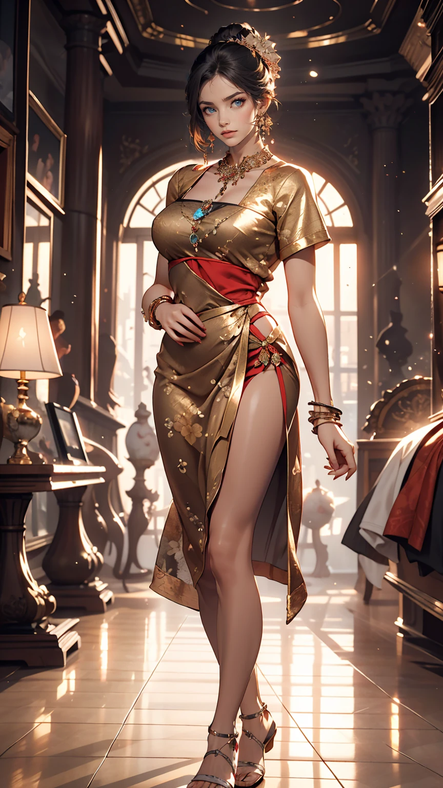 masterpiece, highest quality, 8k, High resolution, (Head to Toe:1.4), RAW digital fixed-point shot of young London woman standing proudly, slim, Sexy body and face, Smiling mockingly at the viewer, Expensive modern clothes, hair ornaments, Discreet Jewelry, Hotel Suite, Intricate details, At dusk, Indoor lighting and sunset from outside the frame, Realistic lighting, Dynamic colors through lighting, Surreal