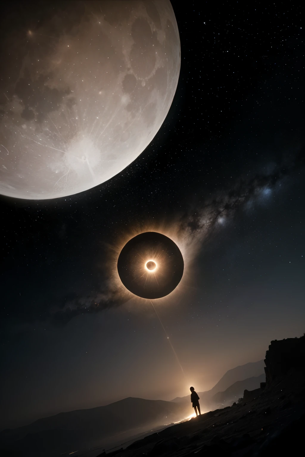 Generate an image consisting of a digital montage with a celestial and mystical theme. No fundo, there are elements in size 1280x720: abstract cosmic, como estrelas, moons and ethereal patterns. The image is divided into four main sections, each with a distinct celestial setting:
The top left section shows a design with large circular shapes, incluindo luas, and lines that resemble constellations or star charts.
The top right section features a lone figure standing in a cosmic setting, looking at a spiral of light that appears to represent a portal or a galaxy.
The lower left section includes several moon phases arranged in an intricate pattern, with an abstract background reminiscent of outer space.
The bottom right section depicts a person sitting facing a large dark circle, talvez um eclipse ou um buraco negro, with a mountainous and ethereal background.