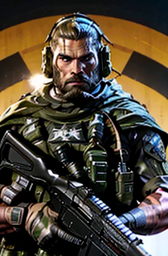A logo for the Airsoft team "Nordic Strike Force" showcases a stylized, fierce Viking warrior in right-facing profile, donning a camouflaged military helmet fitted with realistic night vision akin to the contemporary style of American SEALs. The warrior sports a black beard and armor brimming with intricate Norse motifs, exuding a sense of ancient heritage. In the backdrop, a pair of prominent silhouettes — a modern M4A1 rifle and an axe — are skillfully placed, symbolizing both precision and mastery. The team name, "NORDIC STRIKE FORCE," is subtly accentuated in the background, intertw