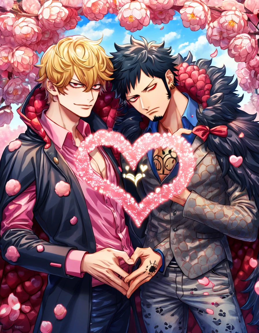 absurdres, highres, ultra detailed, HDR, master piece, best quality, Donquixote Rosinante Corazon, expressive red eyes, blonde hair, One Piece, Trafalgar Law, black hair, expressive red eyes, two sexy men together, gay couple, handsome, black fur cape, pink shirt with heart patterns, black coat, magical, fantasy, blue sky, blossoms, pink flowers