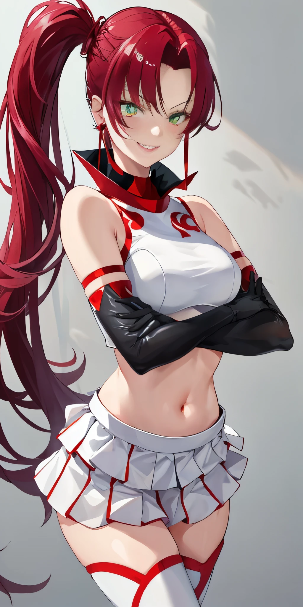 (((1 girl))) short hair, earings ,glossy lips ,team rocket uniform, red letter R, white skirt, white crop top, black thigh-high boots, black elbow gloves, evil smile, looking at viewer, cowboy shot, arms crossed, full body photo Mercedes von Martritz (Fire Emblem: Three Houses)