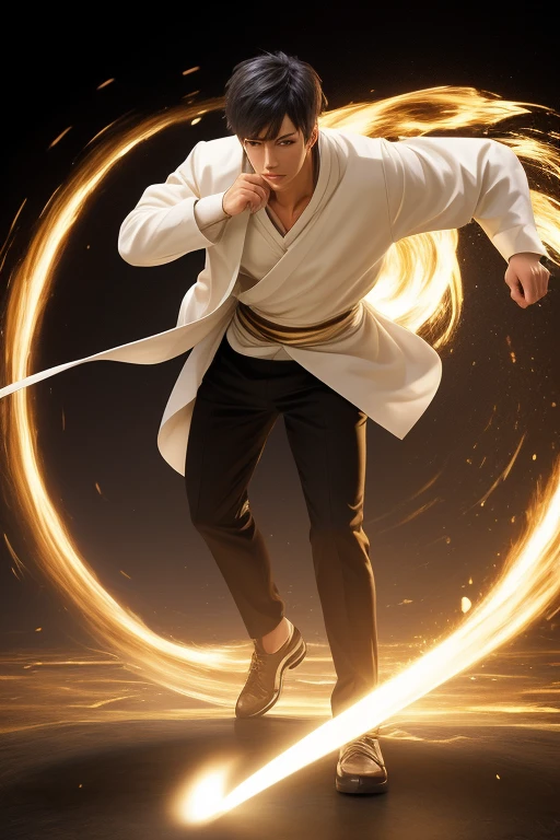 Full Body photorealistic picture of handsome wind bender wearing cream. Magic circle as the background