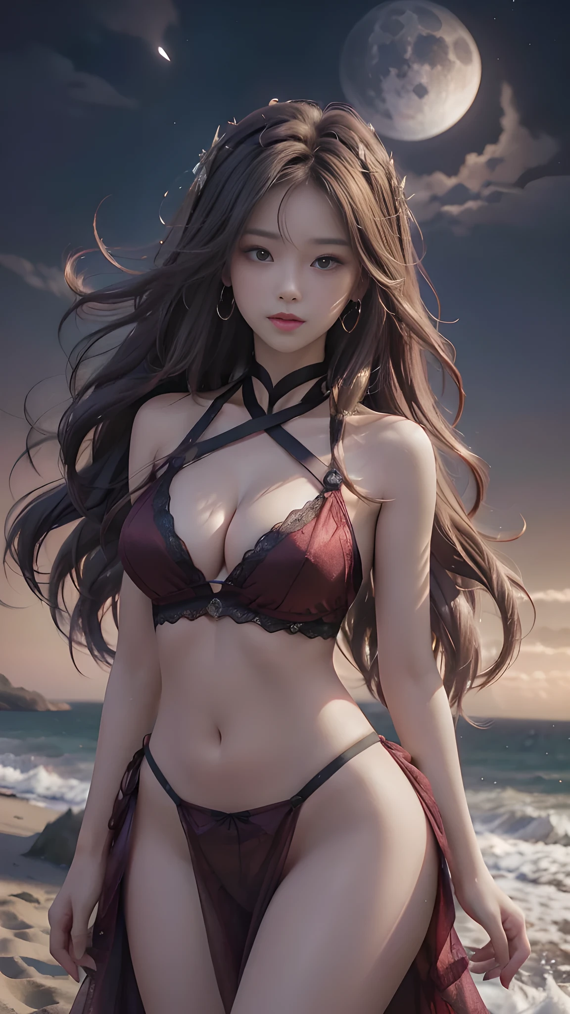 full hd 8k, Girl standing in front of a dark night scene, full moonlight reflecting on her beautiful face. Her long, silky hair was gently blown by the night wind, creating a gentle and romantic feeling. She is walking on a large beach. She looked up at the starry sky, as if searching for something, her eyes showing a pensive and lonely look. The full moon shines in the night sky creating a beautiful scene. The girl has long, silky hair, creating a luxurious and noble beauty. The moonlight shines on the girl's delicate face, highlighting her large, round light brown eyes, creating a natural, gentle beauty. She wore a little sexyly red dress to create a sexy beauty. Her plumble breasts were exposed, revealing her plumble and extremely sexy breasts. These images capture detailed panoramic portraits and views of the sky and sea. All create a beautiful, wonderful picture that makes people unable to take their eyes off the scene. All of these details are depicted clearly and sharply, creating sexyly poses,