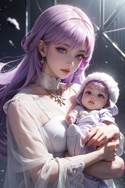 Short purple hair, (Gilgamesh's hairstyle from fate grand order), Assassin clothes, white skin, purple eyes, smiling maliciously,(This is he daughter, she is  he holding he little da, babbling incomprehensibly, wearing a white dress that reaches to her feet, long white hair, big blue eyes, thick eyelashes, and skin as white as snow My daughter's name is Star) 
Surrounded by a lot of rabbits, fog, a deserted city, Baghdad, year 2077, a developed city. 