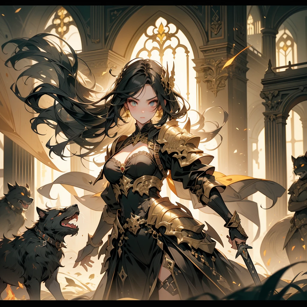 A breathtaking artwork of a female character of unimaginable beauty, set in a dark and opulent environment. The full-body view reveals an impressive figure, exuding an aura of power and mystery. She wears black and gold clothes, radiating a luxurious darkness. Her armor is detailed and characteristic, with intricate golden designs that shimmer in the dim light. Ornate shoulder pads protect her shoulders, and the armor perfectly molds to her body, accentuating her formidable presence. Her long black hair flows like a river of darkness, contrasting with her mesmerizing scarlet eyes. Her beauty is almost supernatural, a perfect blend of grace and menace. She wields a cursed blade that seems to pulse with malevolent energy, enhancing her aura of danger. The setting around her is a gothic and luxurious environment, with dark arches and stained glass windows that filter a supernatural light. In the background, candles flicker, casting dancing shadows on the intricately carved stone walls. It is a place that blends elegance and terror, perfectly reflecting the essence of the character.