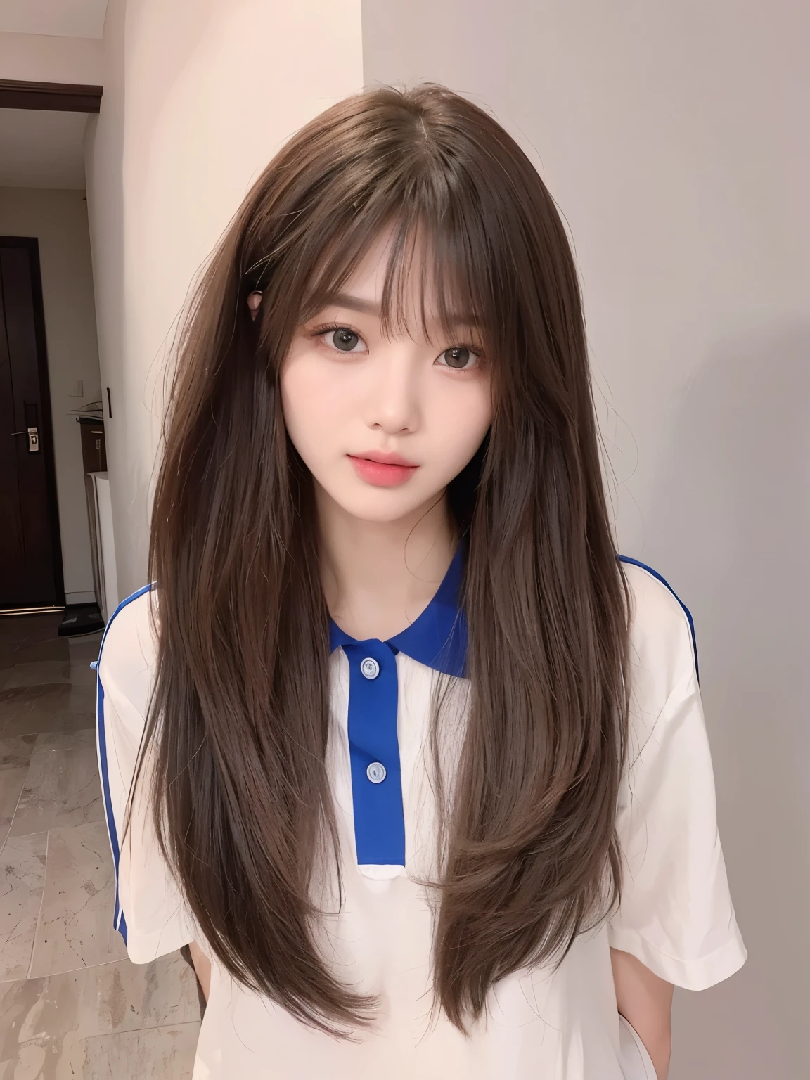 masterpiece, best quality, Girl wearing blue and white polo shirt,Facing the camera,Long hair,Bangs,高层次Long hair,Flowing hair,20 years old,Sweet girl,a girl,Exquisite facial features,