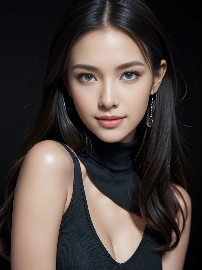 (masterpiece, best quality:1.2), (8k uhd, 16k, 32k, ultra high res), (photorealistic:1.37), (RAW photo), ultimate-realistic, ultimate-realistic details, ultimate-realistic texture, ultimate-intricate details, ultimate-realistic lighting, ultimate-realistic shadow, japanese girl, 24yo, ultimate-cute face, ultimate-RAW skin, ultimate-eyes, from Illustration by Luis Royo come to realistic photograph. Black background. ((Quite a bit body)), A beautiful woman with long brown hair, sneering smile, She wears a black cropped turtleneck, big breasts, rounded hips, and a pair of olive green skinny jeans. Her hair is soaking wet.